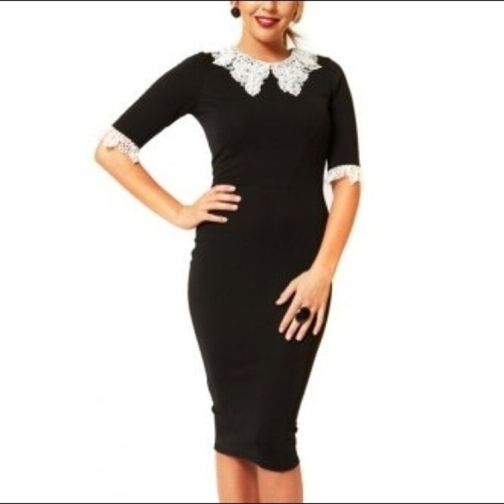 Lydia Bright Designer Black Vintage Dress with White Lace Collar - 10